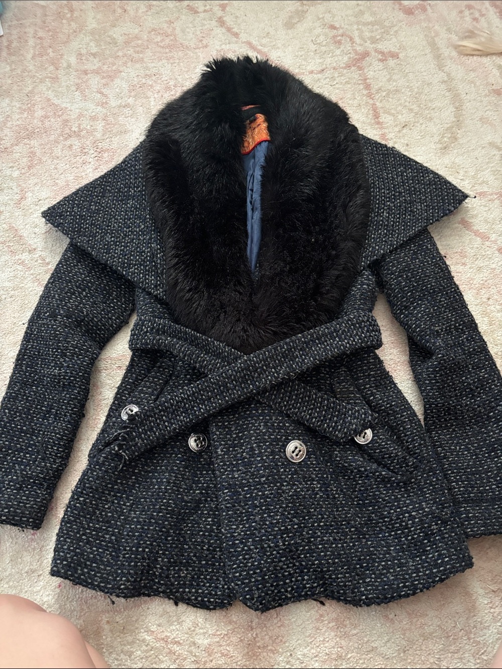 Steve Madden Black/navy Tweed Pea Coat with Faux Fur removable Shawl Collar